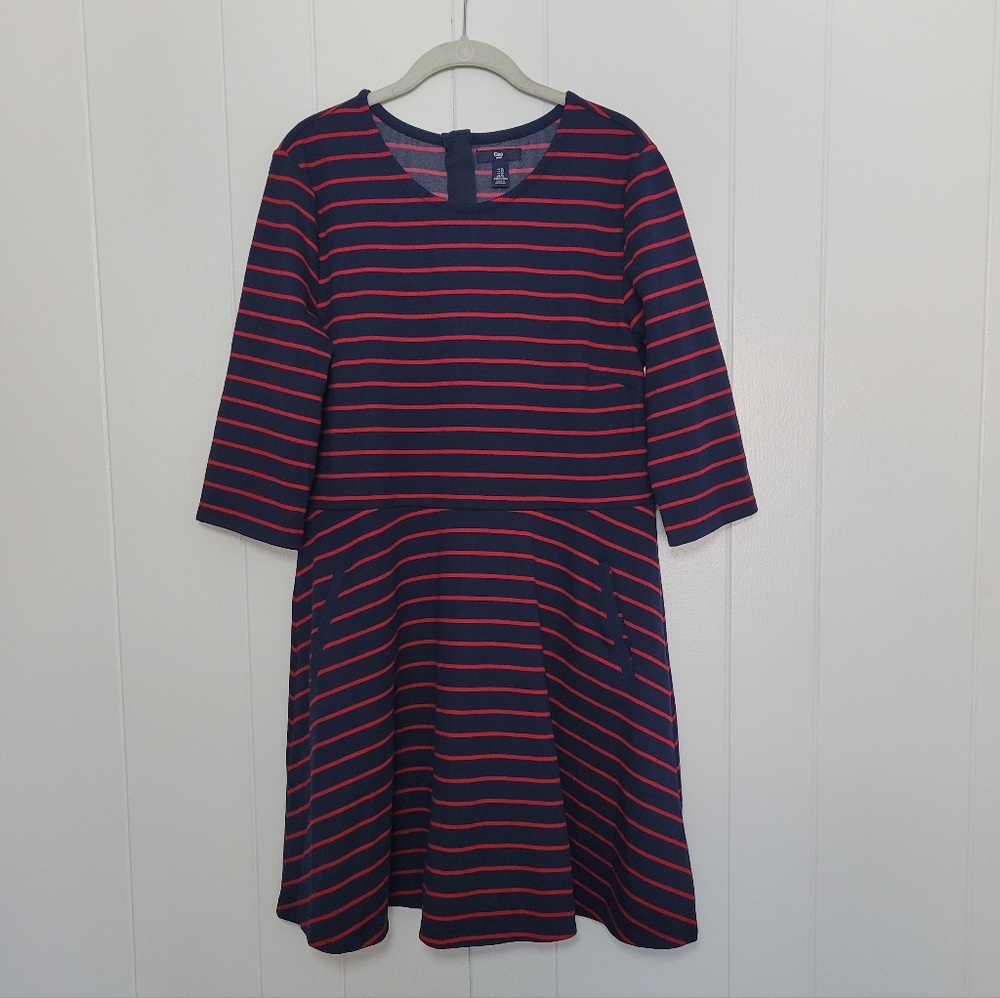 NWT Gap Factory Striped Ponte Fit & Flare Dress Navy Blue & Red ¾ Sleeve XL